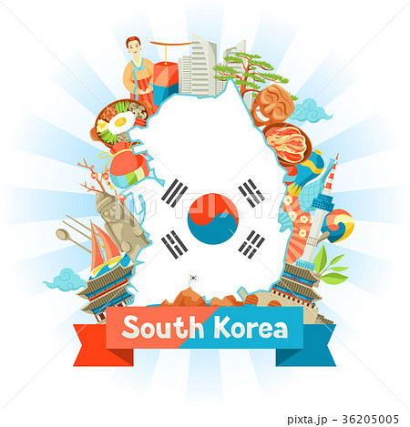 South Korea map design. Korean traditional symbols South Korea map design. Korean traditional symbols 36205005