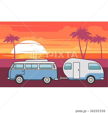 Retro van with camper trailer and sea beach 36205356