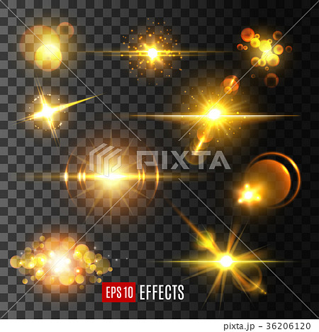 Vector golden light flashes and star sparkle icons 36206120