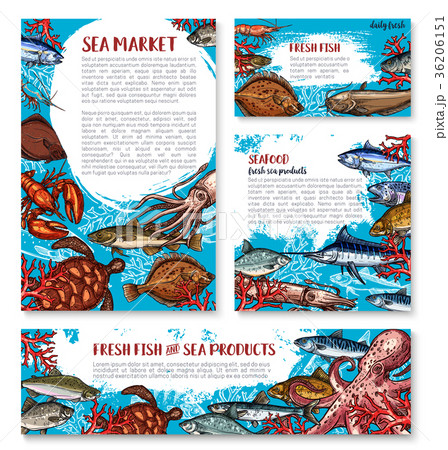 Vector seafood posters of sketch fresh fish 36206151
