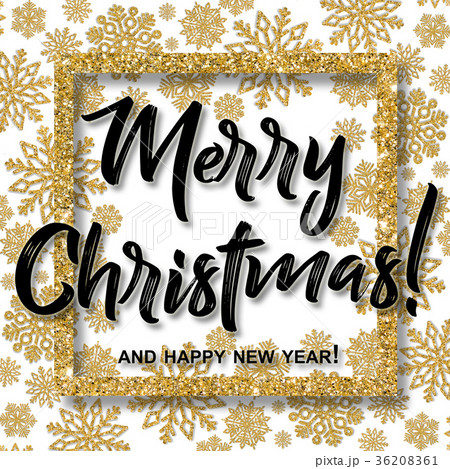 Christmas frame with gold snowflakes and Merry Christmas and happy new year text 36208361
