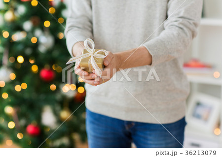 close up of man with christmas gift at home 36213079