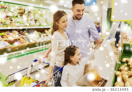 family weighing oranges on scale at grocery store 36213495