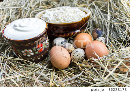 Sour cream and various eggs on hay. Left view. Sour cream and various eggs on hay. Left view. 36228178
