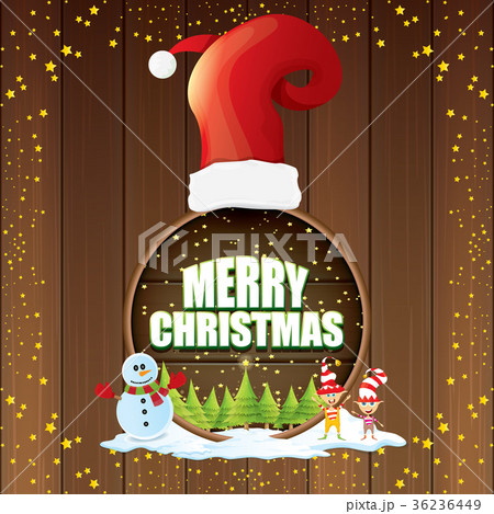 vector Christmas label with red santa hat, tree 36236449