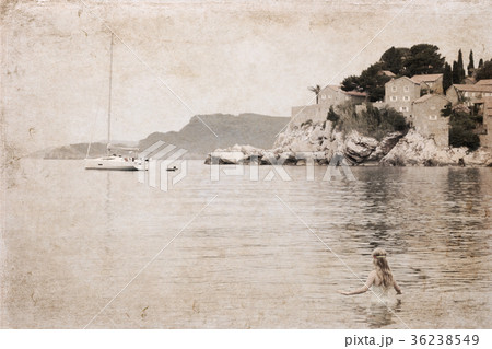 Sea, little girl, ship, island with old buildings 36238549