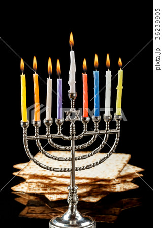 Menorah with candles for Hanukkah on black table Menorah with candles for Hanukkah on black table 36239905