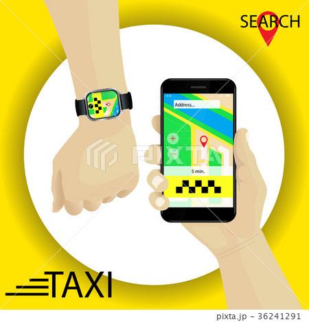 Taxi service. Hand with smartwatch and smartphone Taxi service. Hand with smartwatch and smartphone 36241291