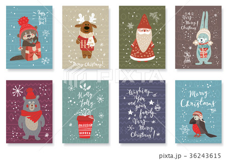 Set of cards with hand drawn anomals and Christmas 36243615