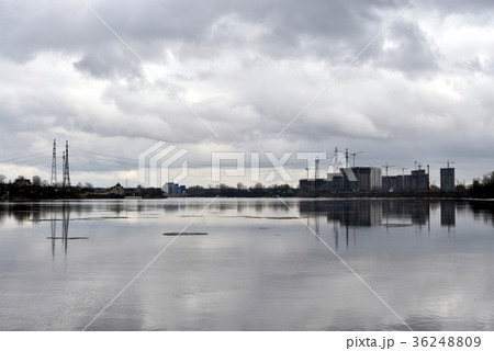 View of river at cloud winter day. View of river at cloud winter day. 36248809