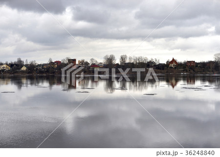 View of river at cloud winter day. View of river at cloud winter day. 36248840
