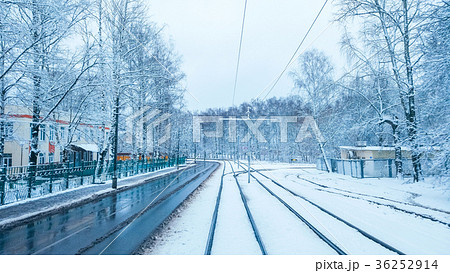 White snow in the city on a tramway in November White snow in the city on a tramway in November 36252914
