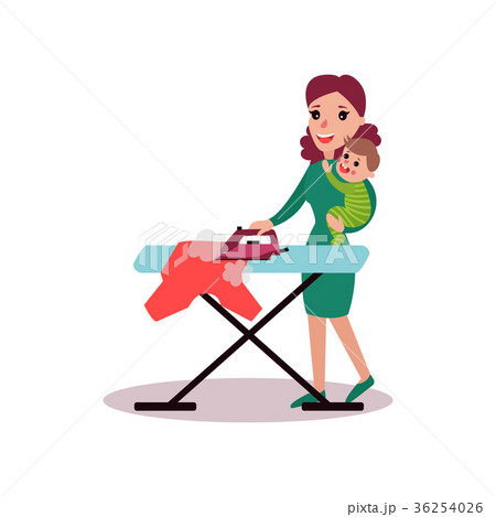 Mother ironing clothes with baby in her arms 36254026