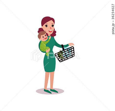 Mother carrying a shopping basket in one arm and Mother carrying a shopping basket in one arm and 36254027