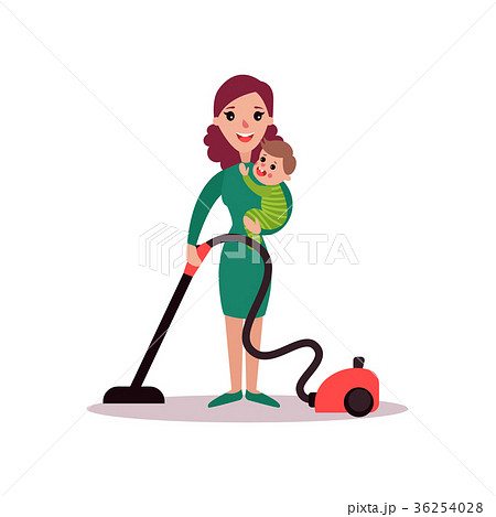 Mother with baby in her arms cleaning the floor Mother with baby in her arms cleaning the floor 36254028