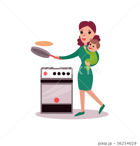 Mother baking pancakes with baby in her arms 36254029