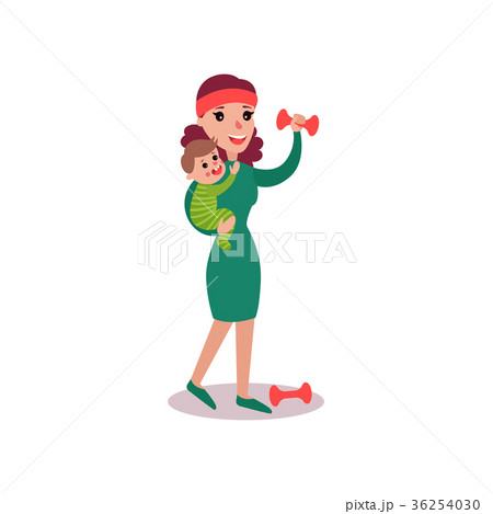 Mother exercising with dumbbells with baby in her Mother exercising with dumbbells with baby in her 36254030