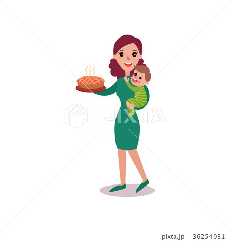 Mother holding fresh homemade pie in one arm and Mother holding fresh homemade pie in one arm and 36254031