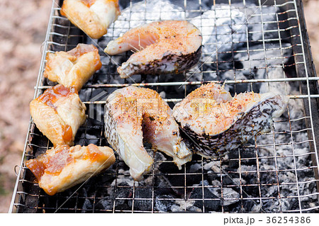 Fish steaks and chicken wings. 36254386
