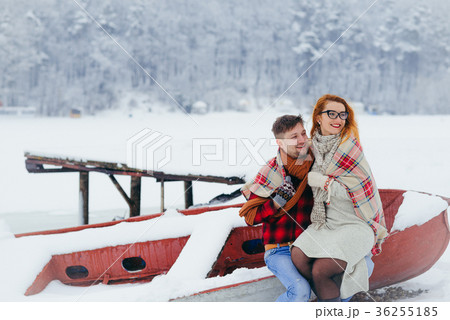 Emotional portrait of the happy couple wrapped in Emotional portrait of the happy couple wrapped in 36255185