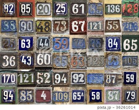Vintage grunge square metal rusty plate of numbers 36261014