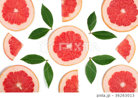 Grapefruit slices with leaves isolated on white 36263013