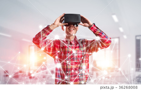 Guy wearing checked shirt and virtual mask demonstrating some emotions Guy wearing checked shirt and virtual mask demonstrating some emotions 36268008