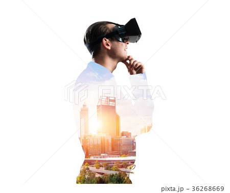 Guy wearing checked shirt and virtual mask with hand on chin Guy wearing checked shirt and virtual mask with hand on chin 36268669
