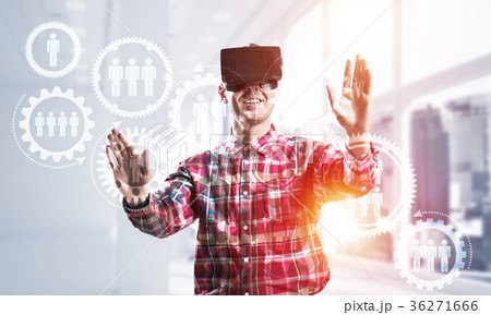 Guy wearing checked shirt and virtual mask demonstrating some emotions 36271666