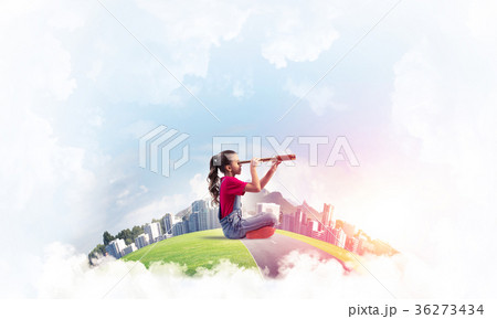Concept of careless happy childhood with girl looking in future 36273434