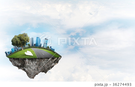 Modern cityscape with towers and skyscrapers on green part of land Modern cityscape with towers and skyscrapers on green part of land 36274493