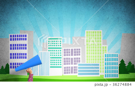 Hand of woman holding blue paper trumpet against illustrated background 36274884