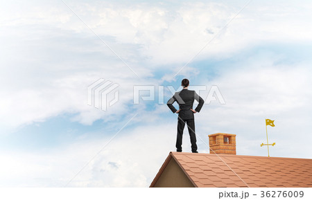 Mister boss on brick roof with arms akimbo. Mixed media 36276009