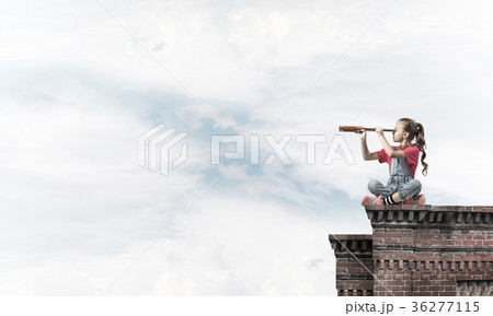 Concept of careless happy childhood with girl exploring this wor Concept of careless happy childhood with girl exploring this wor 36277115