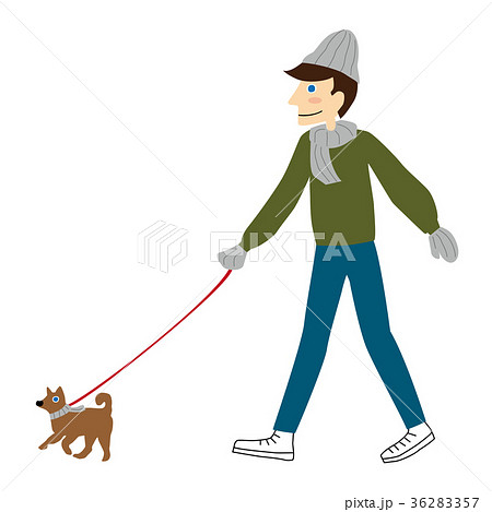 男の人と犬のお散歩 冬01のイラスト素材