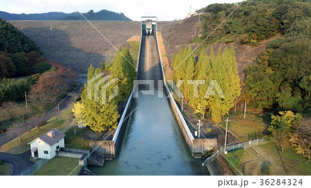 空撮　夕日に照らされるダム（朝倉市寺内ダム） 36284324