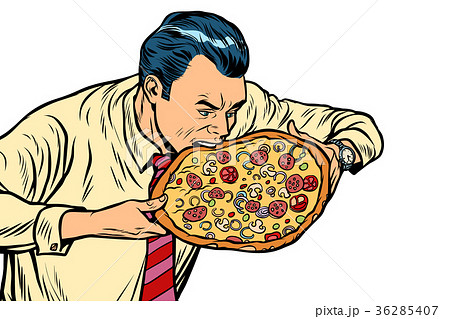 Man Eating Pizza Isolated On White Backgroundのイラスト素材