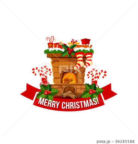 Merry Christmas fireplace chimney vector icon 36285588