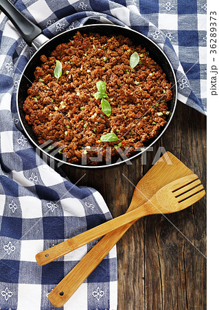 bolognese ragout in skillet, top view bolognese ragout in skillet, top view 36289373