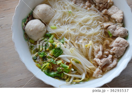 vermicelli with pork ball in soup on bowl 36293537