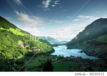 Aerial view on Lungernsee lake, Switzerland Aerial view on Lungernsee lake, Switzerland 36294515