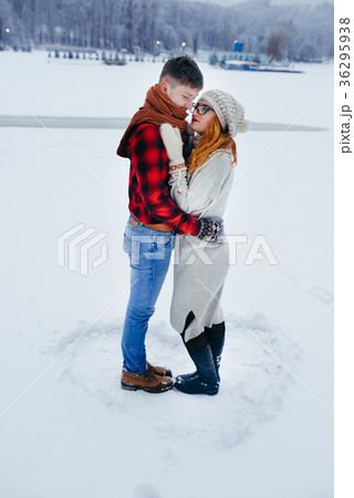 Couple Hugging Smiling Winter Snowy Countryside Couple Hugging Smiling Winter Snowy Countryside 36295938