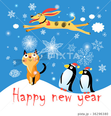 Winter postcard with a cat dog and penguins  36296380