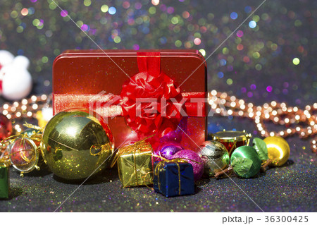 Christmas card with fir and decor on glitter 36300425