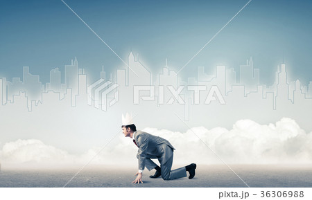 King businessman in elegant suit running and blue cityscape silh 36306988