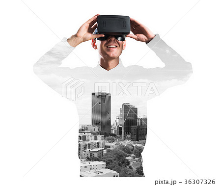 Guy wearing checked shirt and virtual mask demonstrating some emotions 36307326