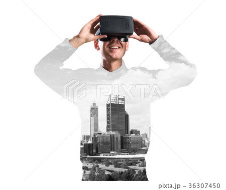 Guy wearing checked shirt and virtual mask demonstrating some emotions 36307450