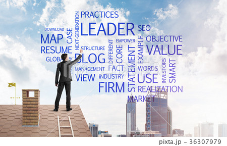 Young businessman standing on house roof and writing leadership skill concept. Mixed media Young businessman standing on house roof and writing leadership skill concept. Mixed media 36307979