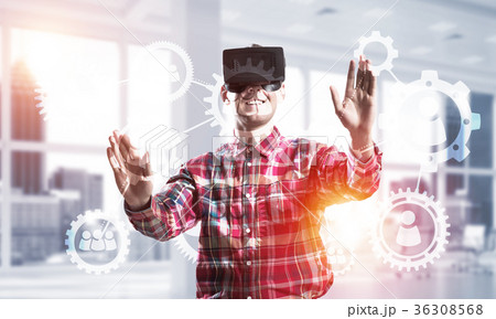 Guy wearing checked shirt and virtual mask demonstrating some emotions Guy wearing checked shirt and virtual mask demonstrating some emotions 36308568