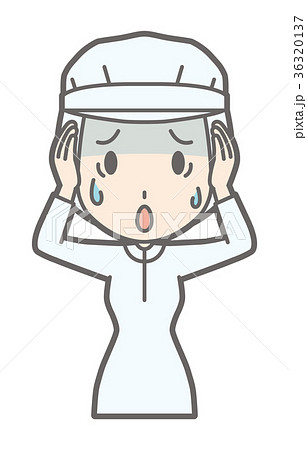 白い衛生服を着た女性作業員が頭を抱えて困っているのイラスト素材
